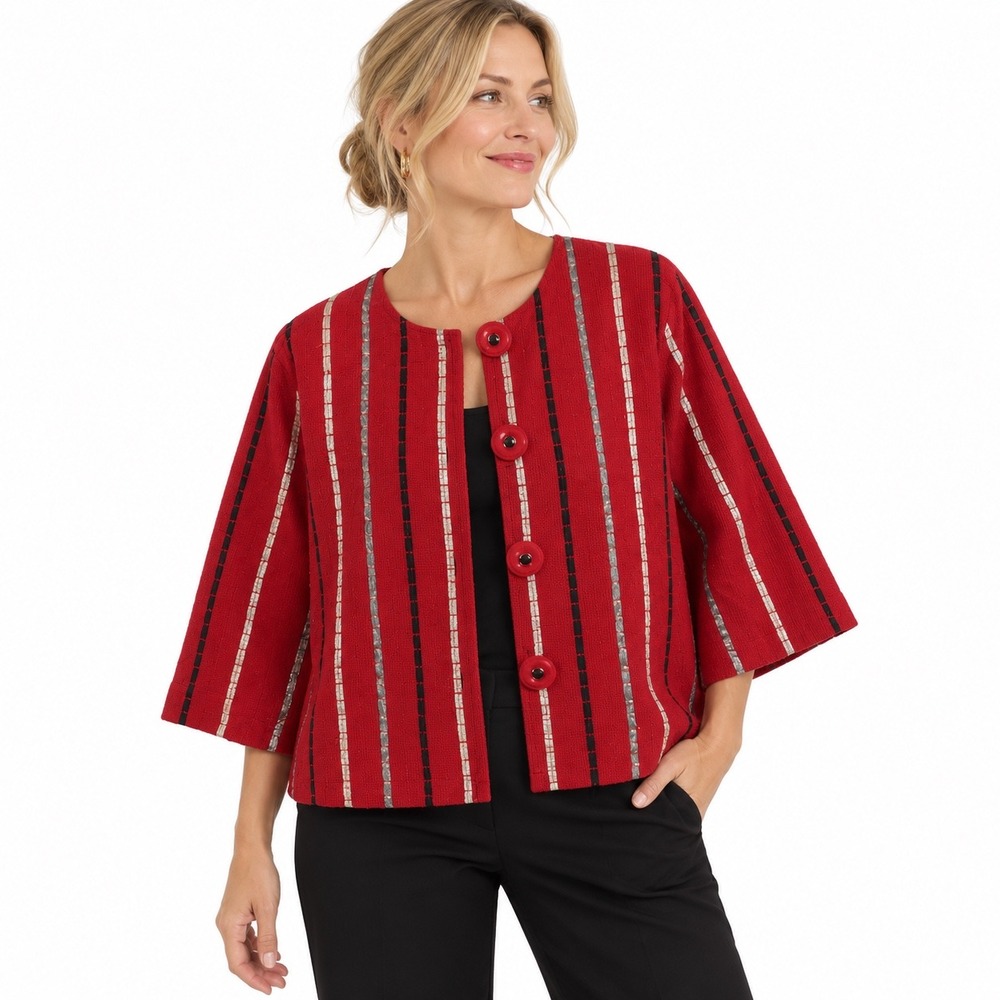 Choices Cherry Red Striped Cotton Embellished Jacket XL NWT Wearable Art Boho